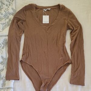 Mango V-Neck Brown Bodysuit
